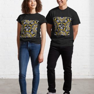 Classic T-Shirt, Navy and Gold Eyes on the Prize Dot Mandala Scale Pattern designed and sold by Triplicate Limited