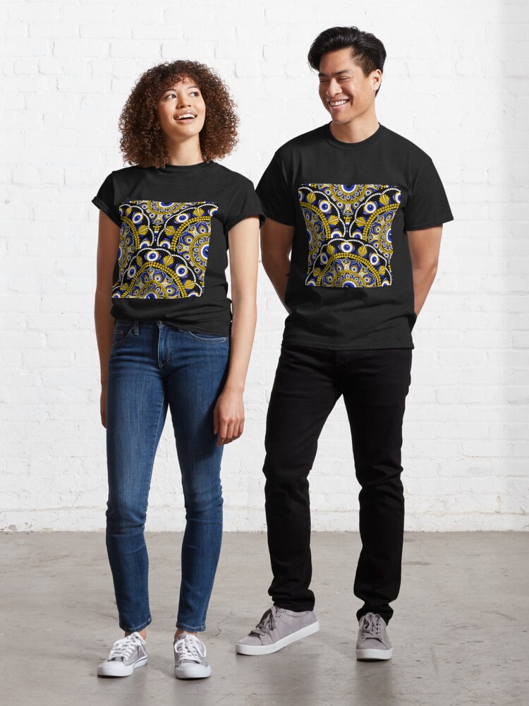 Classic T-Shirt, Navy and Gold Eyes on the Prize Dot Mandala Scale Pattern designed and sold by Triplicate Limited