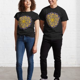 Classic T-Shirt, Navy and Gold Night Blooming Buttercup Dot Mandala designed and sold by Triplicate Limited