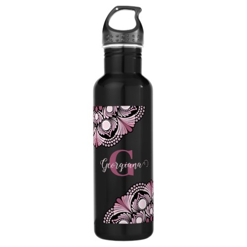 Personalized Dusky Rose Boho Floral Dot Mandala Stainless Steel Water Bottle