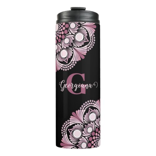 Personalized Dusky Rose Boho Floral Dot Mandala Thermal Tumbler
