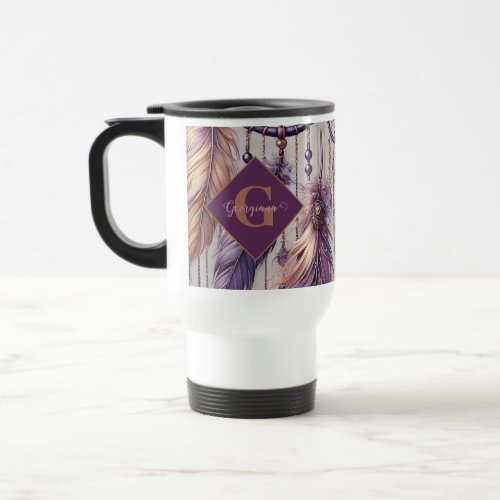 Personalized Purple & Gold Boho Dreamcatchers Travel Mug