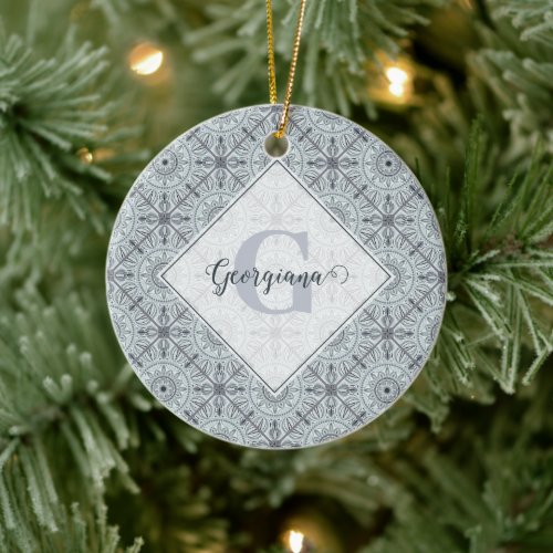 Personalized Tiled Floral Harmony Gray Mandala Ceramic Ornament
