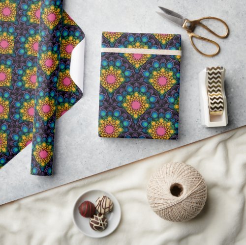 Rainbow Floral Fountain Mandala Art Deco Scallop Wrapping Paper