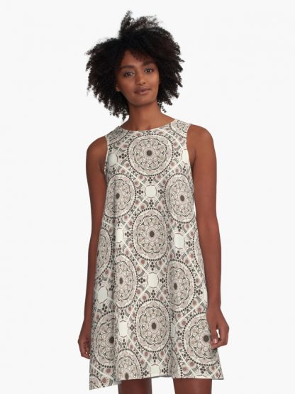 A-Line Dress, Warm Neutrals Espresso Martini Dot Mandala Diamond Tile designed and sold by Triplicate Limited