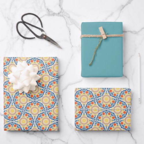 Aegean Summer Oranges And Lemons Art Deco Fans Wrapping Paper Sheets