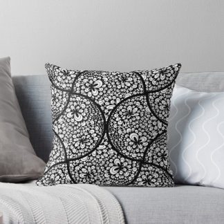 Pillow, Black and White Blooming Doodle Art Deco Fans designed and sold by Triplicate Limited