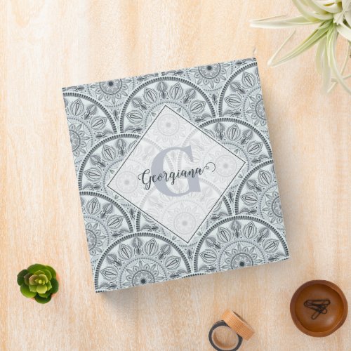 Custom Name Art Deco Floral Harmony Gray Mandala 3 Ring Binder