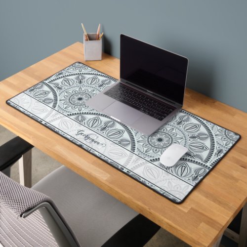 Custom Name Art Deco Floral Harmony Gray Mandala Desk Mat