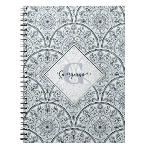 Custom Name Art Deco Floral Harmony Gray Mandala Notebook