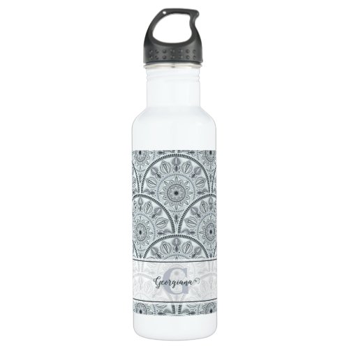 Custom Name Art Deco Floral Harmony Gray Mandala Stainless Steel Water Bottle