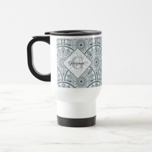 Custom Name Art Deco Floral Harmony Gray Mandala Travel Mug