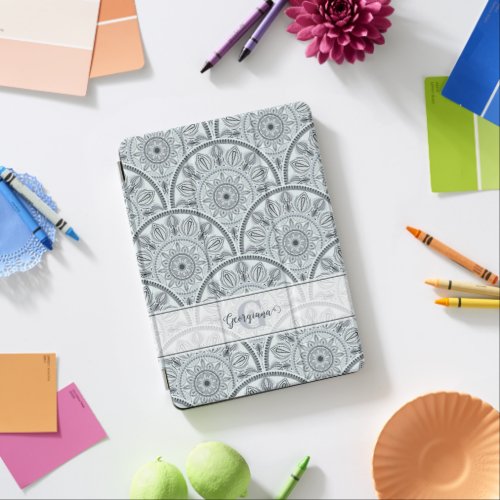Custom Name Art Deco Floral Harmony Gray Mandala iPad Pro Cover