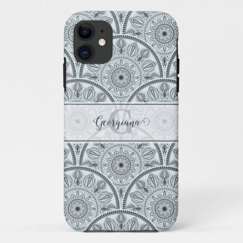 Custom Name Art Deco Floral Harmony Gray Mandala iPhone 11 Case