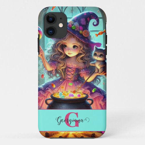 Custom Name Cute Whimsical Witch Halloween Treats iPhone 11 Case