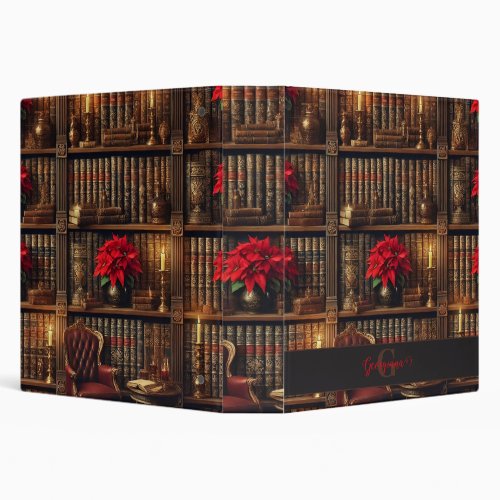 Custom Name Dark Academia Poinsettia Bookshelf 3 Ring Binder