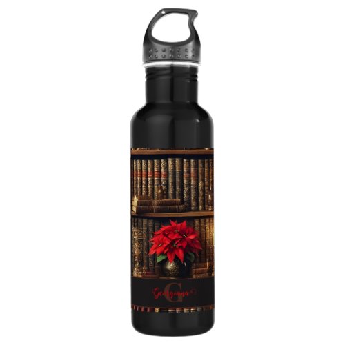 Custom Name Dark Academia Poinsettia Bookshelf Stainless Steel Water Bottle