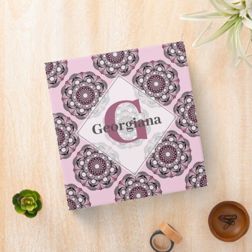 Custom Name Dusky Rose Cherry Blossom Dot Mandala 3 Ring Binder