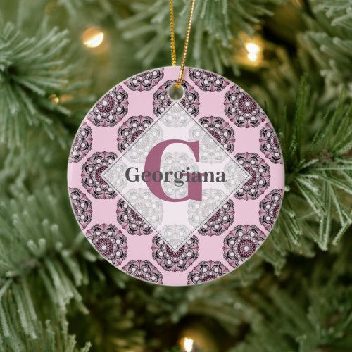 Custom Name Dusky Rose Cherry Blossom Dot Mandala Ceramic Ornament