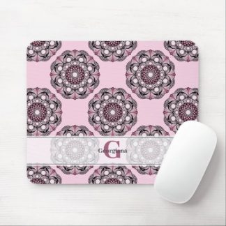 Custom Name Dusky Rose Cherry Blossom Dot Mandala Mouse Pad