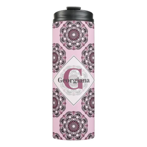 Custom Name Dusky Rose Cherry Blossom Dot Mandala Thermal Tumbler