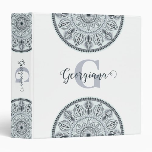 Custom Name Floral Harmony Gray Monotone Mandala 3 Ring Binder