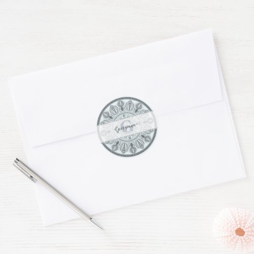 Custom Name Floral Harmony Gray Monotone Mandala Classic Round Sticker