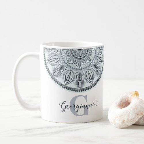Custom Name Floral Harmony Gray Monotone Mandala Coffee Mug