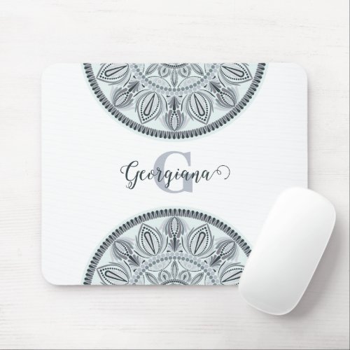 Custom Name Floral Harmony Gray Monotone Mandala Mouse Pad