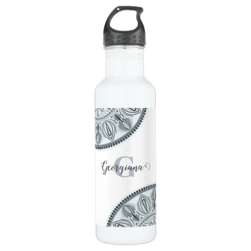 Custom Name Floral Harmony Gray Monotone Mandala Stainless Steel Water Bottle