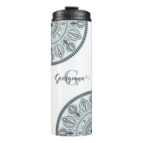 Custom Name Floral Harmony Gray Monotone Mandala Thermal Tumbler