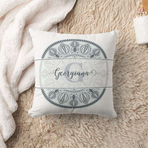 Custom Name Floral Harmony Gray Monotone Mandala Throw Pillow