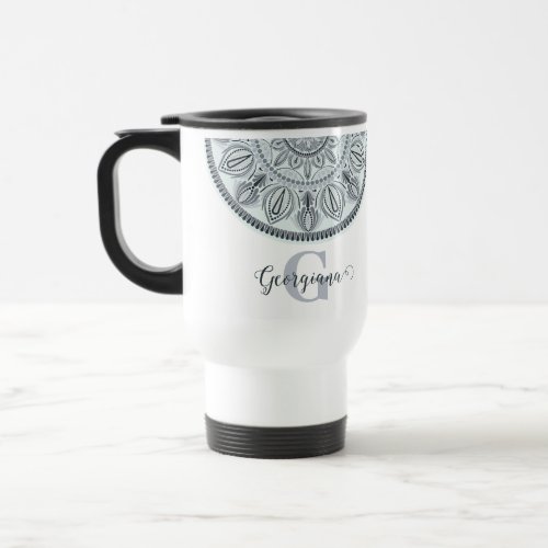 Custom Name Floral Harmony Gray Monotone Mandala Travel Mug