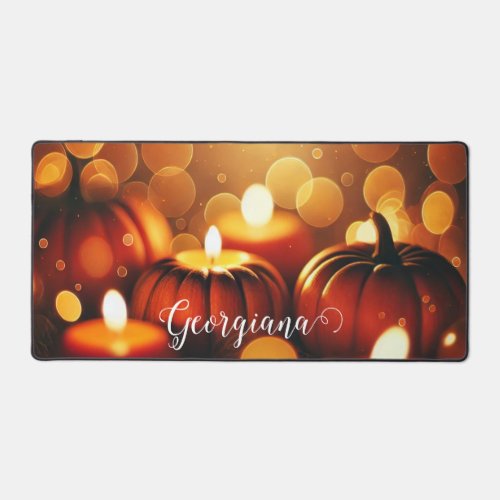Custom Name Glowing Pumpkins Autumnal Bokeh Effect Desk Mat