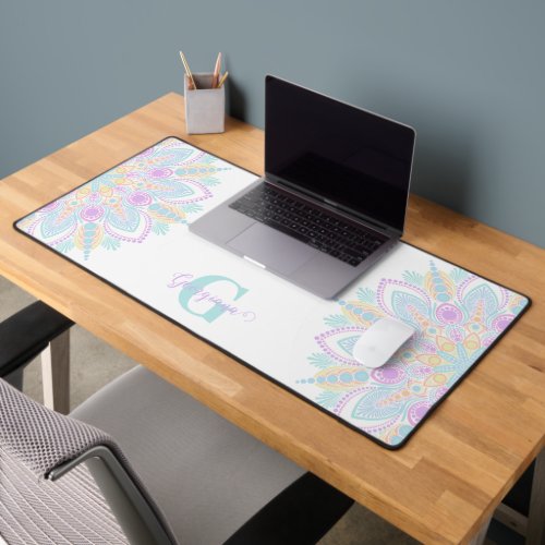 Custom Name Pastel Rainbow Floral Sundae Mandala Desk Mat
