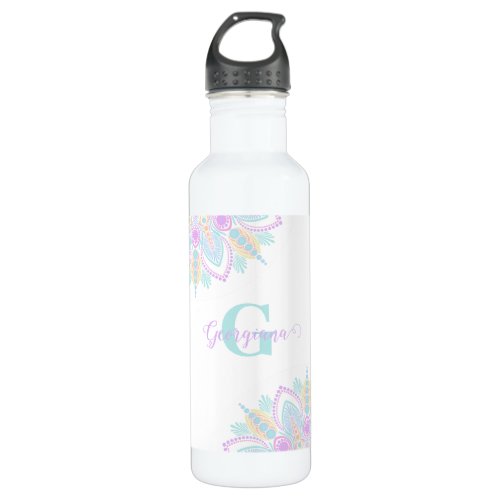 Custom Name Pastel Rainbow Floral Sundae Mandala Stainless Steel Water Bottle