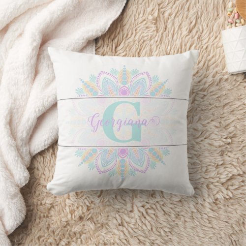 Custom Name Pastel Rainbow Floral Sundae Mandala Throw Pillow