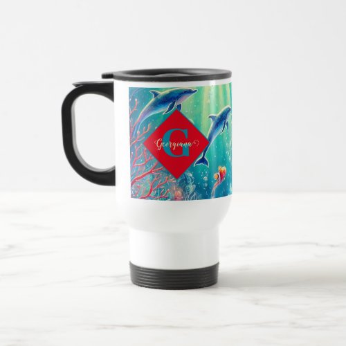Custom Name Whimsical Floral Coral Reef Poinsettia Travel Mug