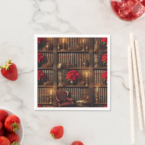 Dark Academia Poinsettia Bookshelf Decoupage Napkins