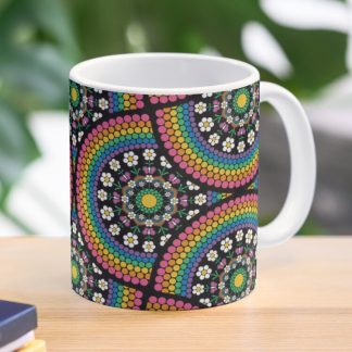 Coffee Mug, Maximalist Rainbow Daisy Dot The Difference Mandala Art Deco Fans designed and sold by Triplicate Limited