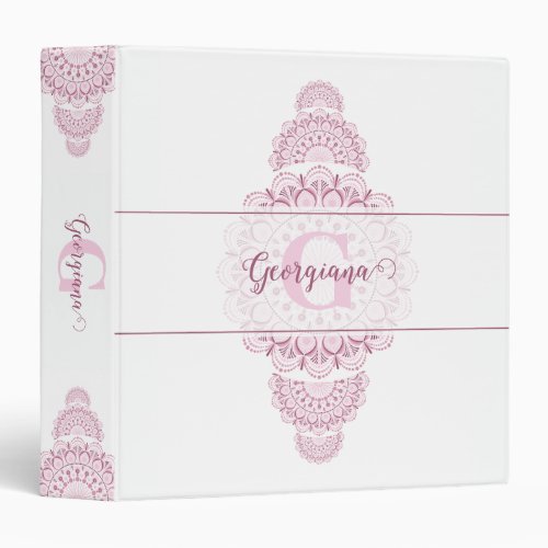 Monogram Pink Confetti Lace Ornamental Mandala 3 Ring Binder