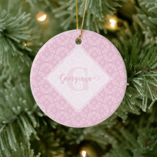 Monogrammed Art Deco Fans Preppy In Pink Mandala Ceramic Ornament
