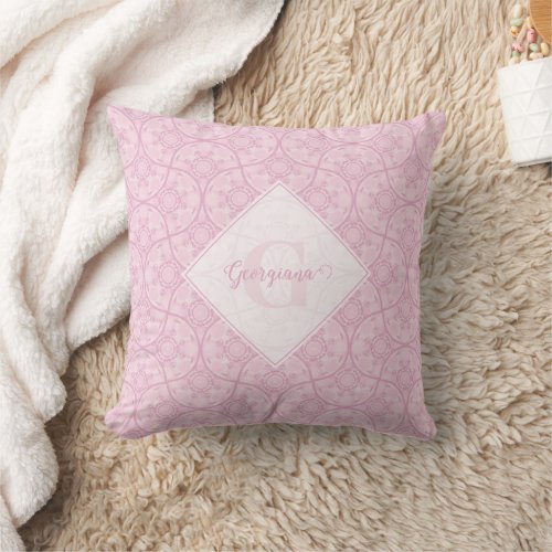 Monogrammed Art Deco Fans Preppy In Pink Mandala Throw Pillow