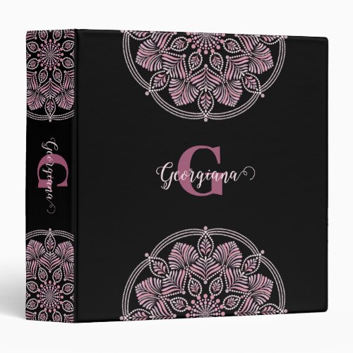 Monogrammed Dusky Rose Floral Fronds Dot Mandala 3 Ring Binder