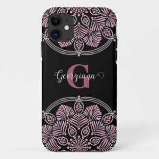 Monogrammed Dusky Rose Floral Fronds Dot Mandala iPhone 11 Case