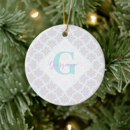 Monogrammed Pastel Rainbow Sundae Mandala Art Deco Ceramic Ornament