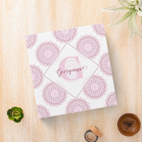 Monogrammed Pink Confetti Lace Polka Dot Mandala 3 Ring Binder