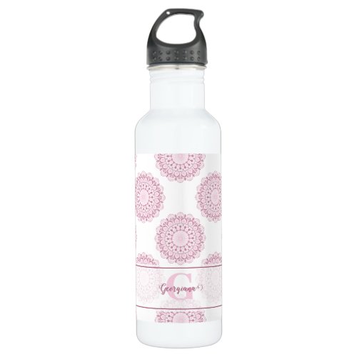 Monogrammed Pink Confetti Lace Polka Dot Mandala Stainless Steel Water Bottle