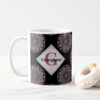 Monogrammed Pink Floral Fronds Polka Dot Mandala Coffee Mug