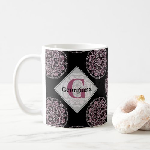 Monogrammed Pink Floral Fronds Polka Dot Mandala Coffee Mug